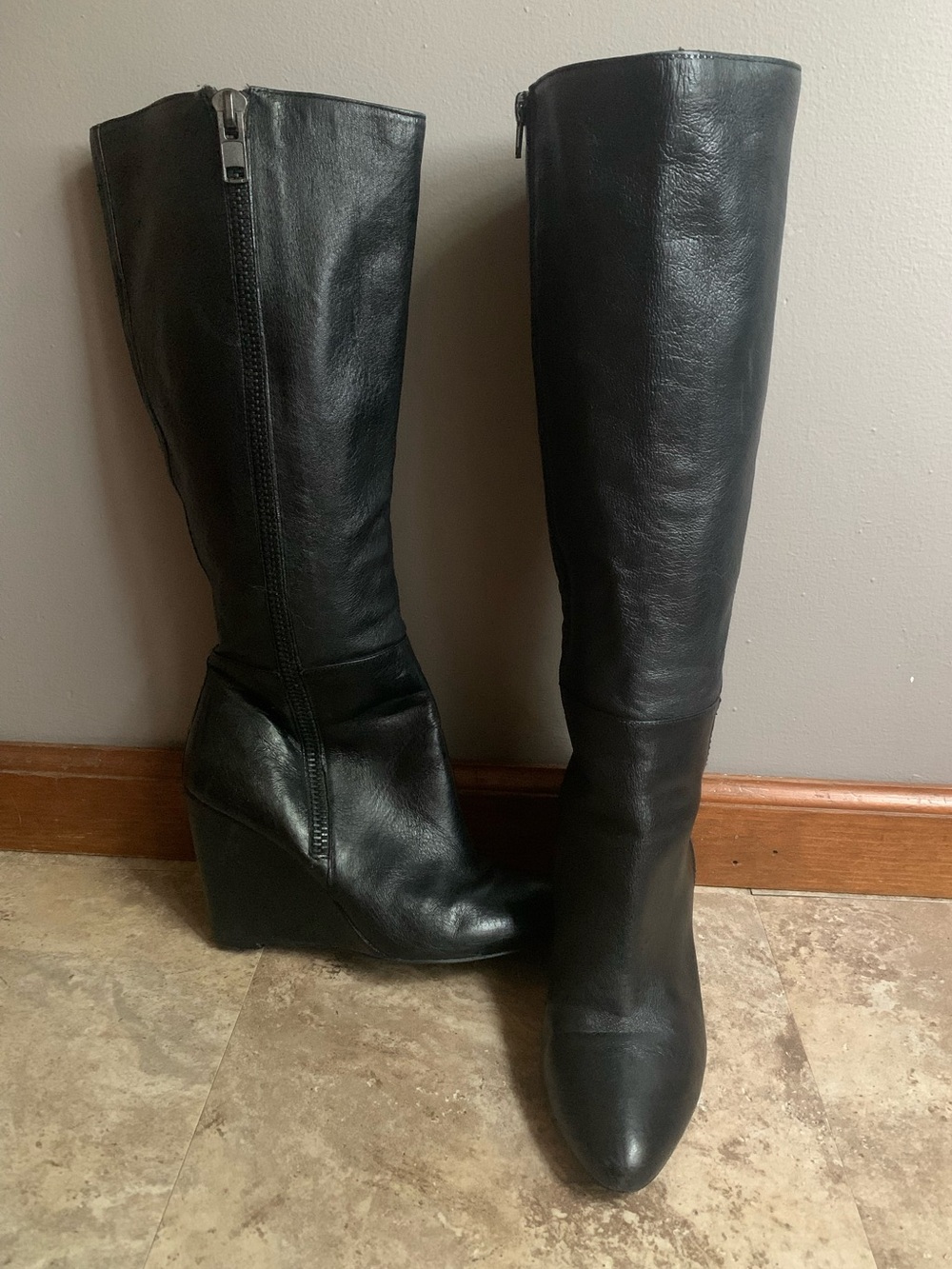 Black Leather Knee-High Wedge Boots - Women - Picture 3 of 8